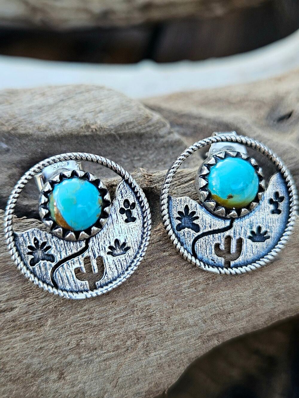 TRB 925 Sterling Silver Turquoise Desert Cactus Round Stud Earrings Vintage